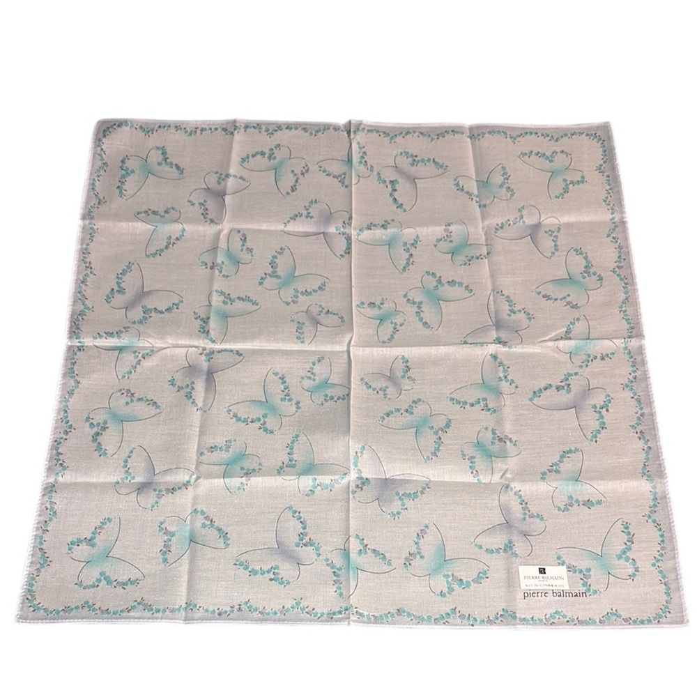 Pierre Balmain Paris Butterfly Print Cotton Scarf Handkerchief Blue Purple Grey